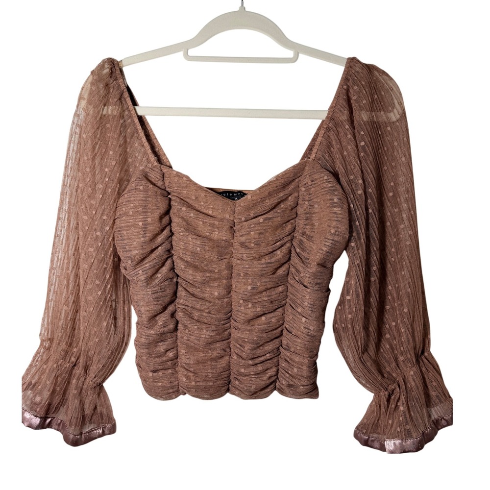 Haute Monde Brown Dotted Mesh Ruched Sweetheart Crop Top Bell Sleeve Blouse M